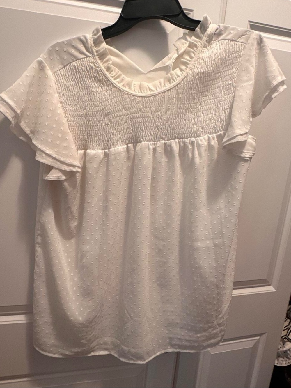 White Swiss Dot Ruffle Neck Women's Top